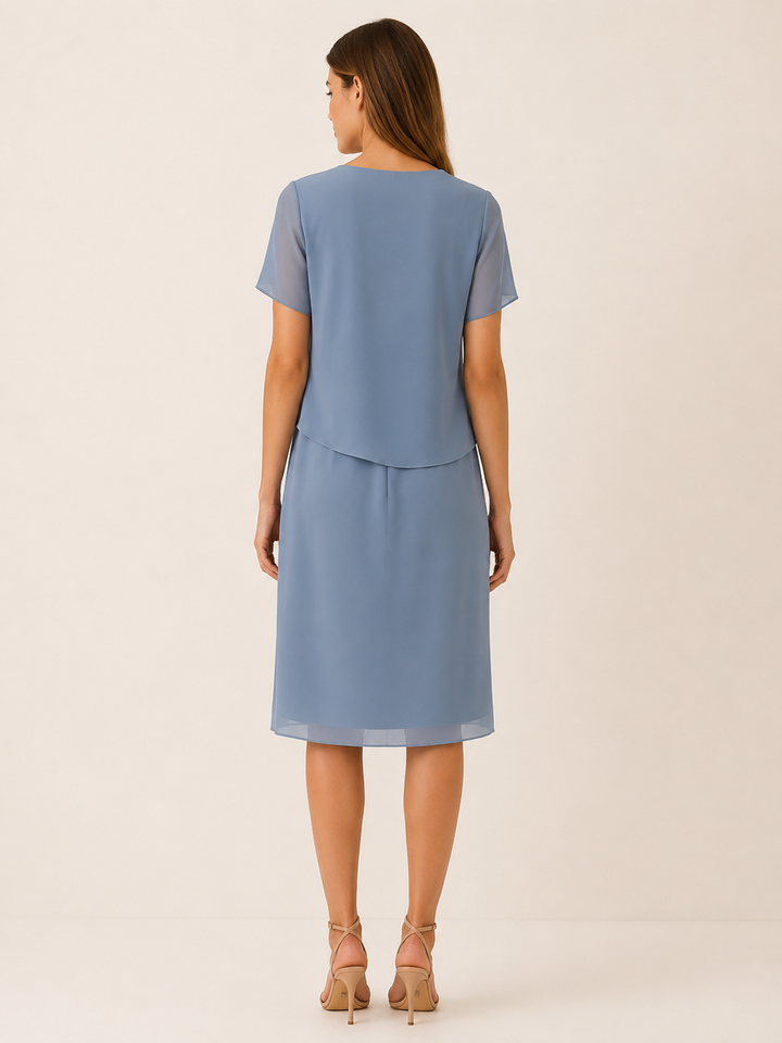 Blue Layered Midi Dress with Short Sleeves – back view