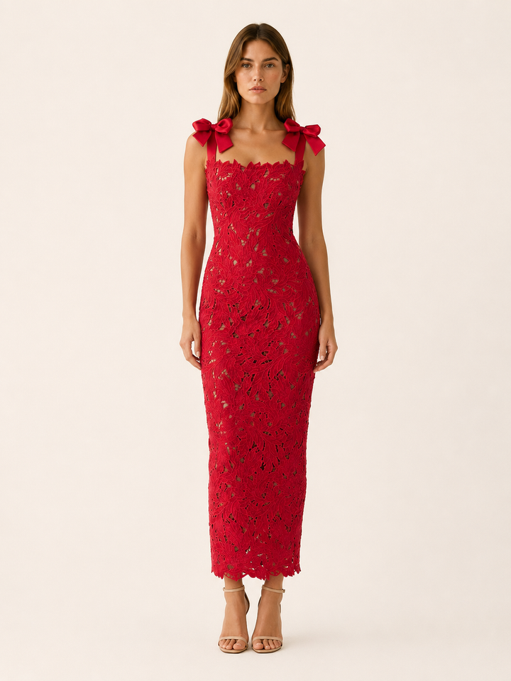 Red Lace Maxi Dress with Bow Straps and Back Slit – front view