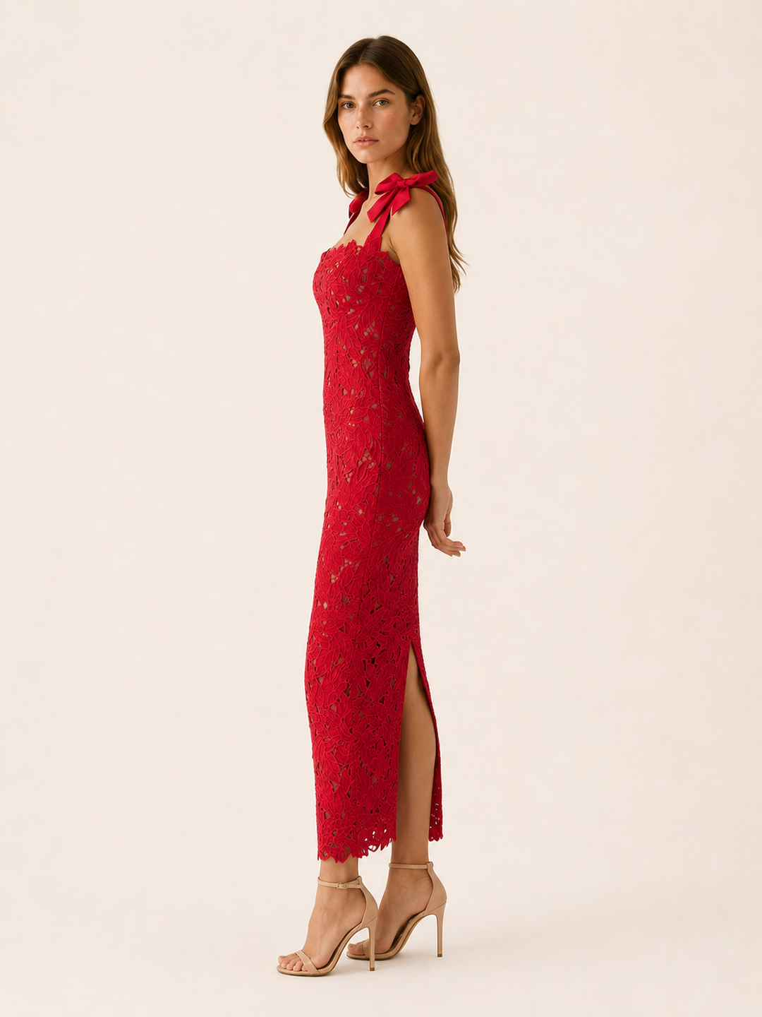 Red Lace Maxi Dress with Bow Straps and Back Slit – side view