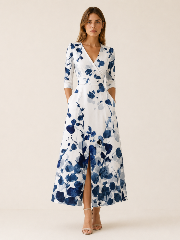 White Floral Maxi Dress with V Neck and Front Slit – front view