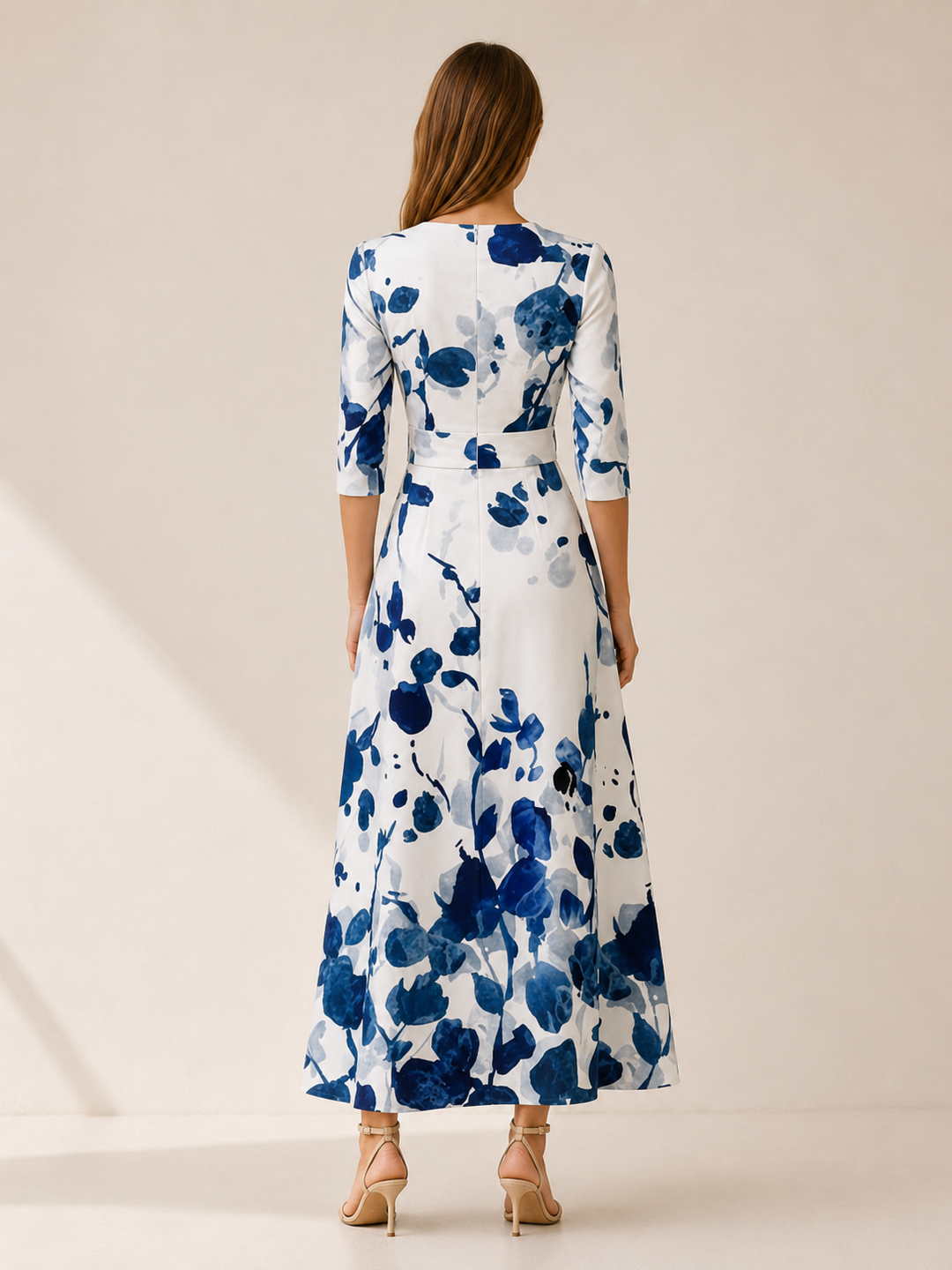 White Floral Maxi Dress with V Neck and Front Slit – back view