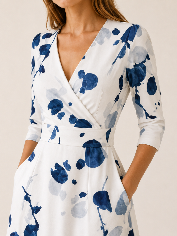 White Floral Maxi Dress with V Neck and Front Slit – detail view