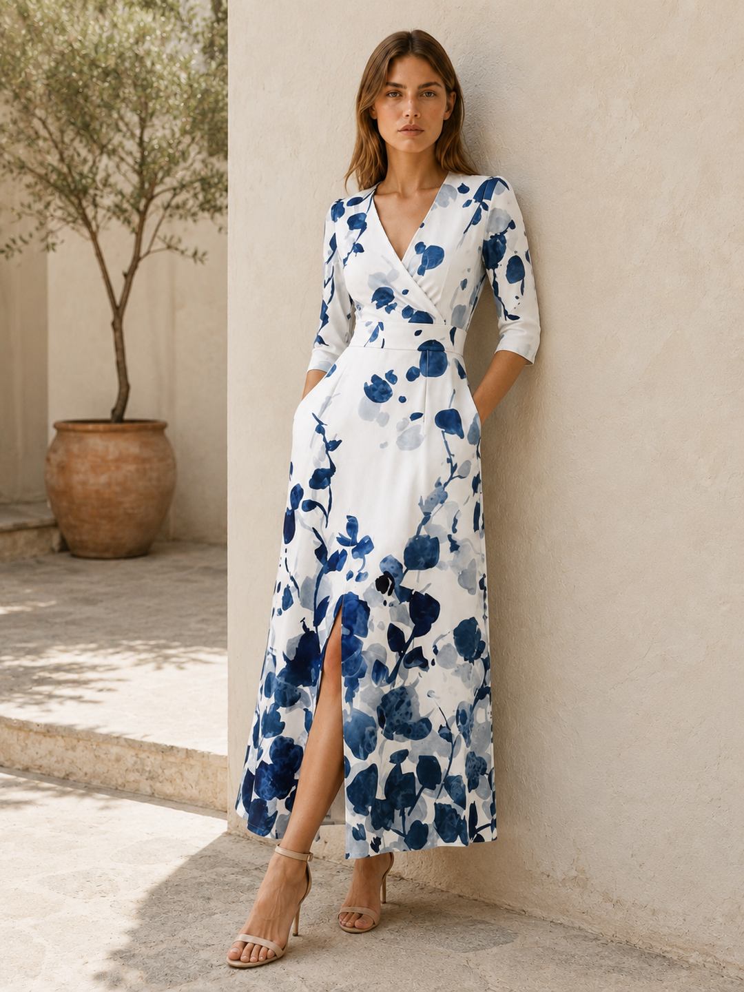 White Floral Maxi Dress with V Neck and Front Slit – close-up