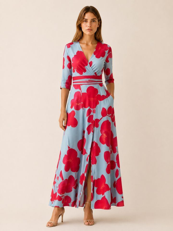 White Floral Maxi Dress with V Neck and Front Slit – lifestyle