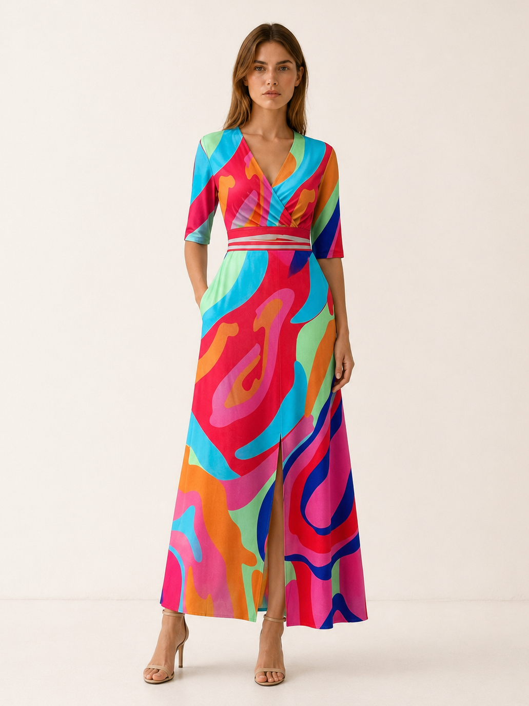 White Floral Maxi Dress with V Neck and Front Slit – full length view