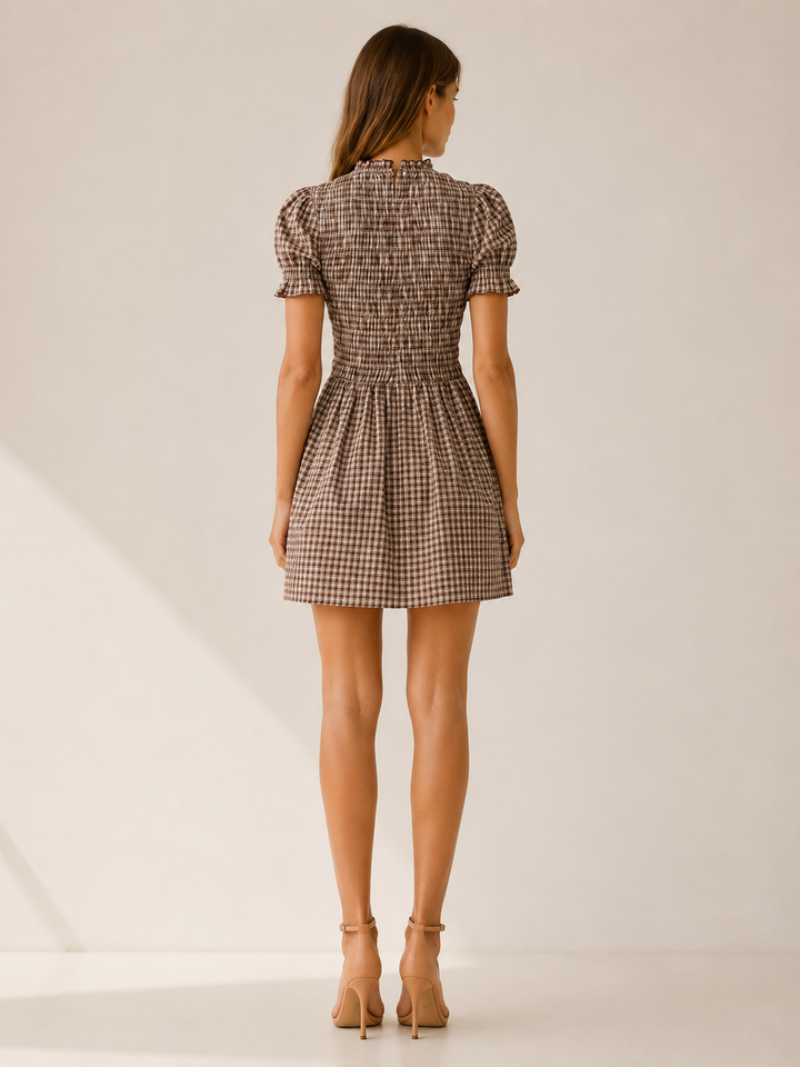 Coffee Gingham Mini Dress with Puff Sleeves – side view