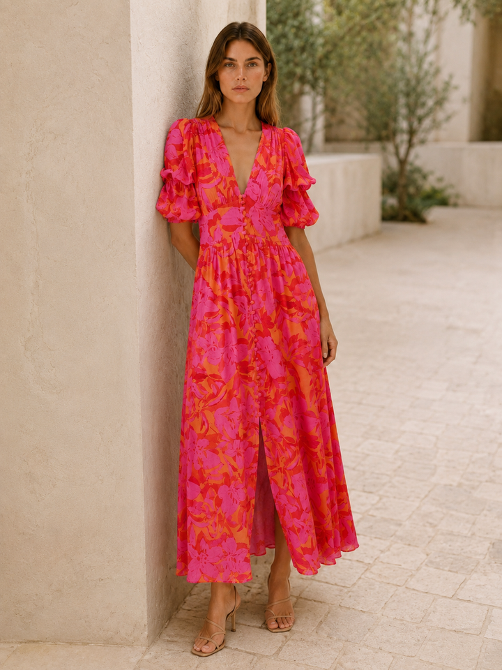 Pink Floral Maxi Dress with Puff Sleeves – back view