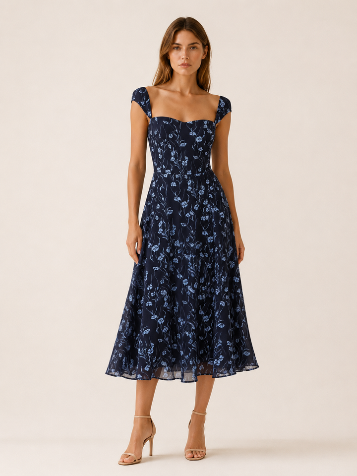 Navy Floral Midi Dress with Sweetheart Neckline – front view