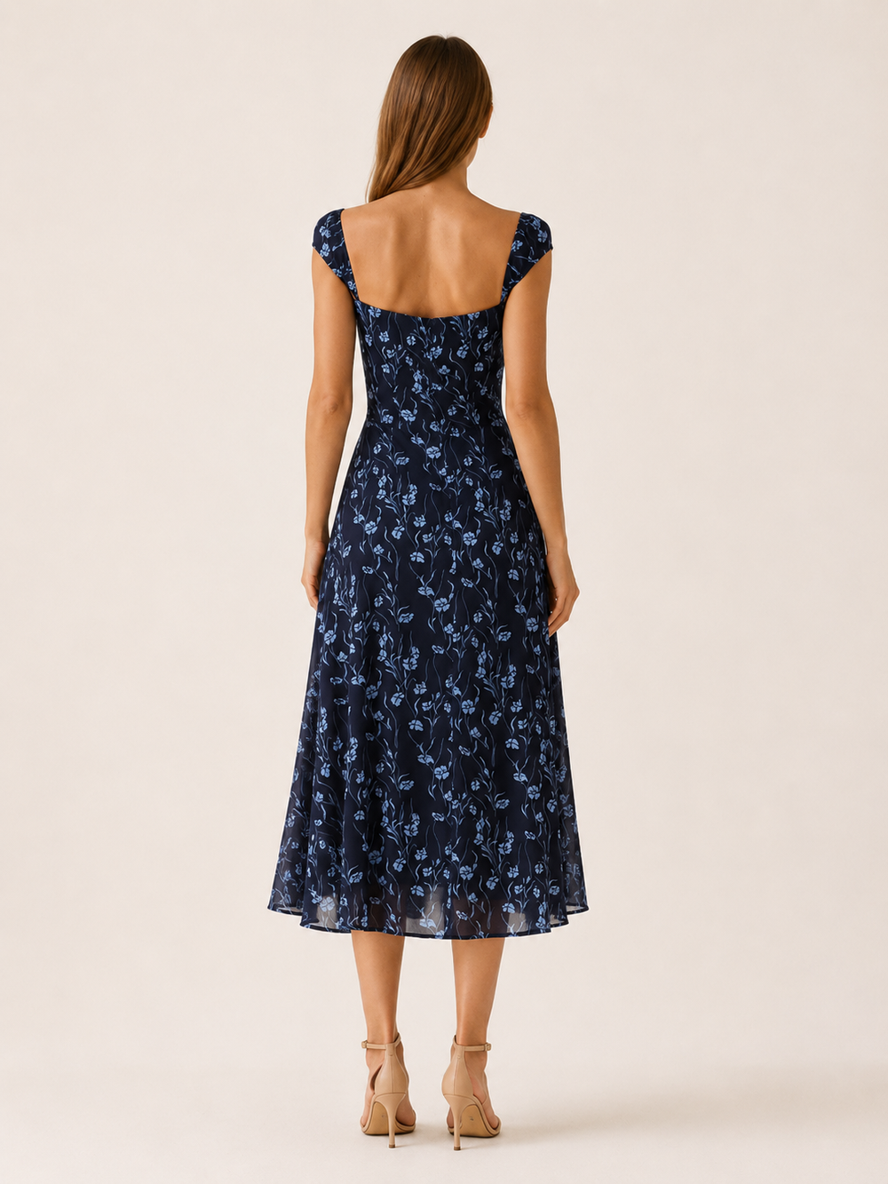 Navy Floral Midi Dress with Sweetheart Neckline – side view