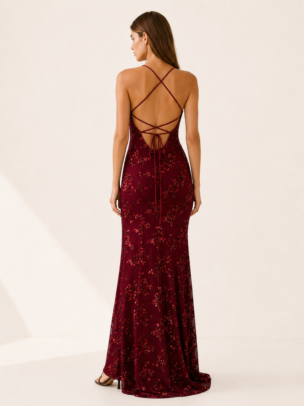 Wine Red Sequin Maxi Dress with Fitted Silhouette – side view