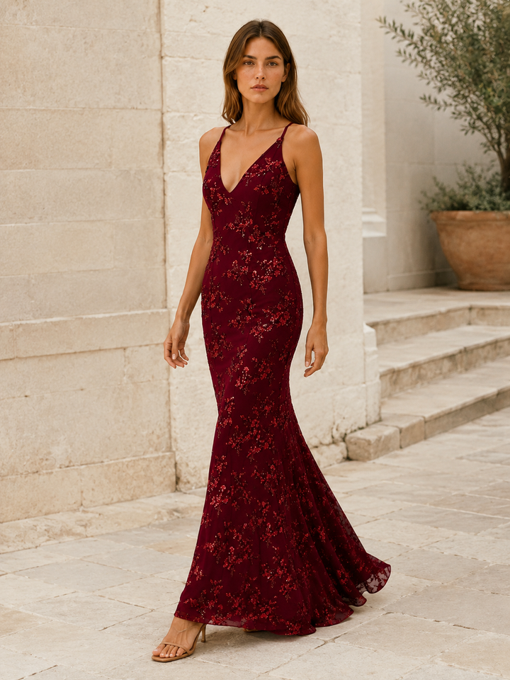 Wine Red Sequin Maxi Dress with Fitted Silhouette – back view