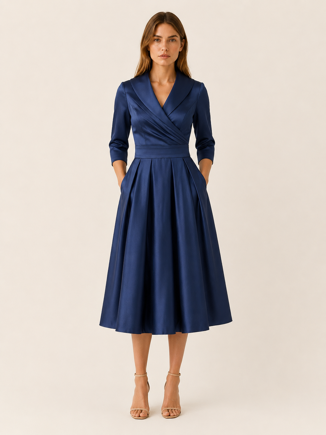 Blue Wrap Midi Dress with Pleated Skirt – front view