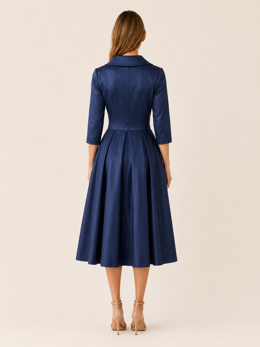 Blue Wrap Midi Dress with Pleated Skirt – back view