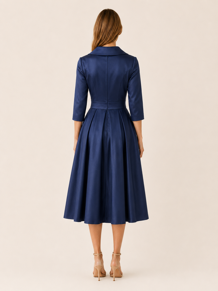 Blue Wrap Midi Dress with Pleated Skirt – back view