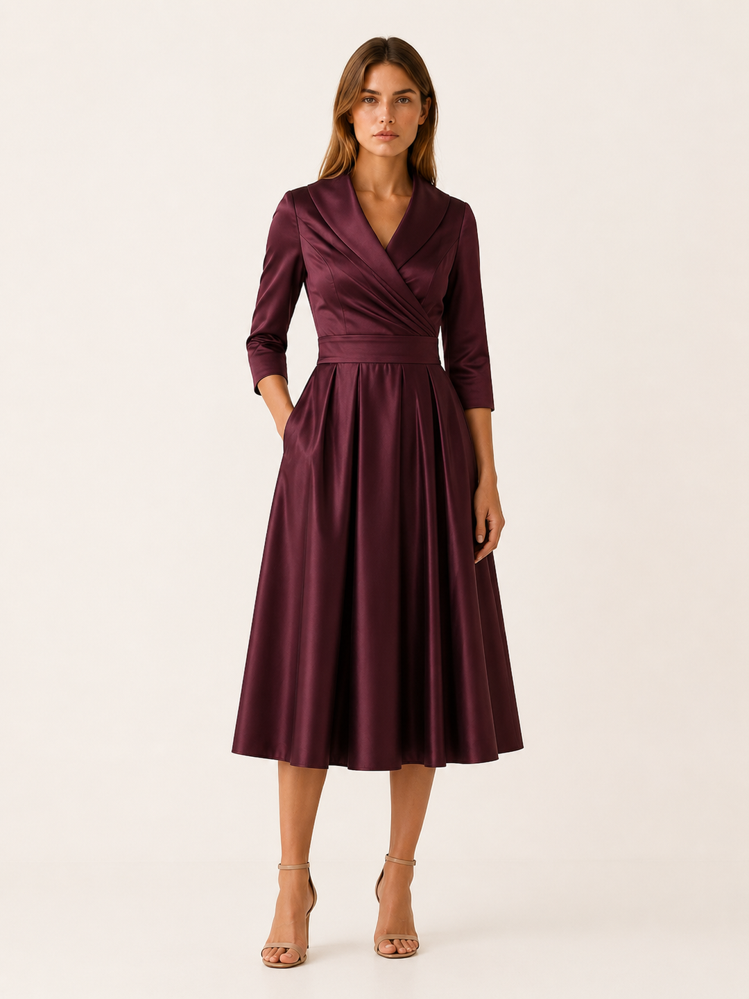 Burgundy Wrap Midi Dress with Pleated Skirt – lifestyle