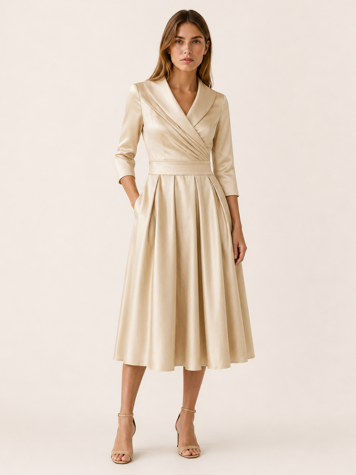 Blue Wrap Midi Dress with Pleated Skirt – full length view