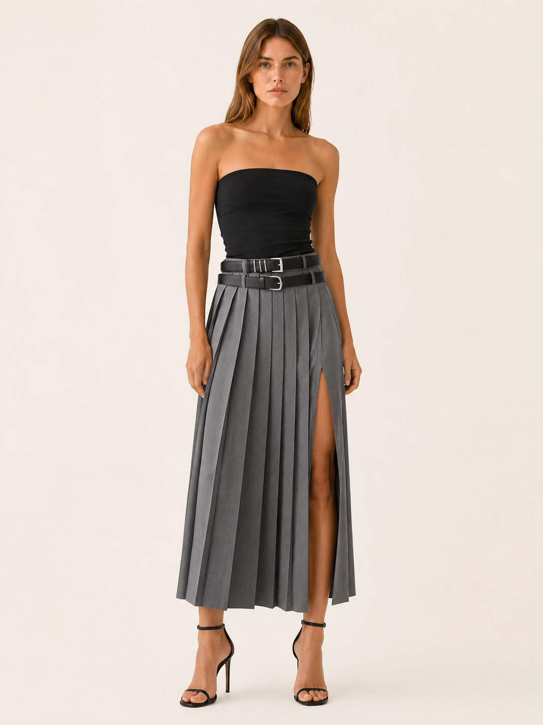 Grey Pleated Maxi Skirt with Side Split – front view