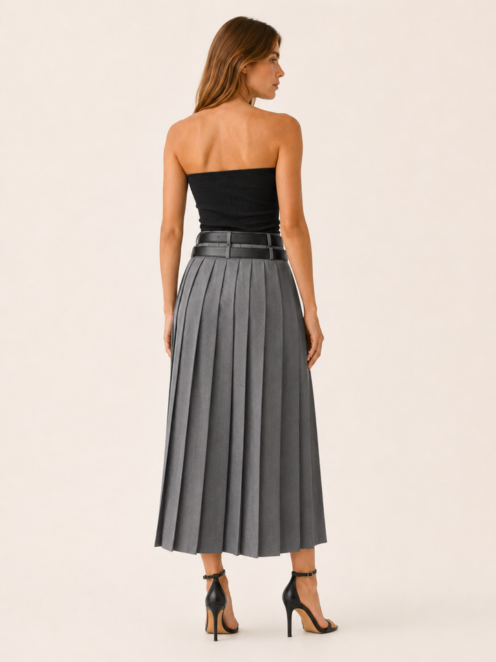 Grey Pleated Maxi Skirt with Side Split – back view