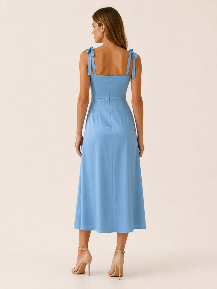 Light Blue Sweetheart Midi Dress with Tie Shoulders and Slit – back view
