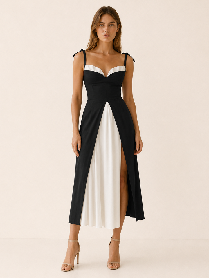 Black Sweetheart Midi Dress with Tie Shoulders and Slit – lifestyle
