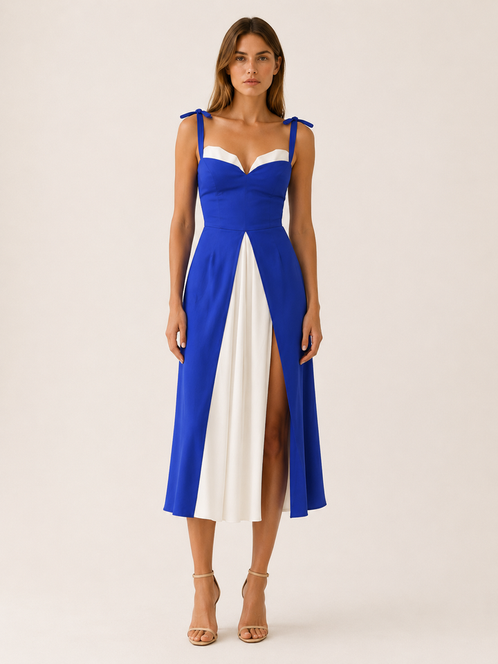 Black Sweetheart Midi Dress with Tie Shoulders and Slit – angled view