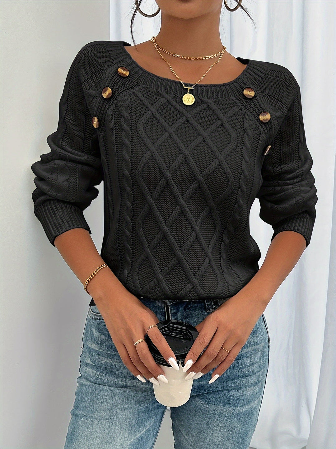 Marisol | Women's Button-Detail Square Neck Cable Knit Sweater