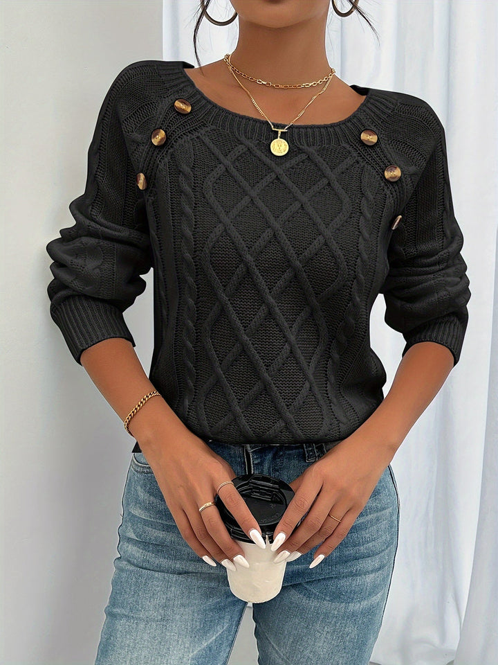 Marisol | Women's Button-Detail Square Neck Cable Knit Sweater
