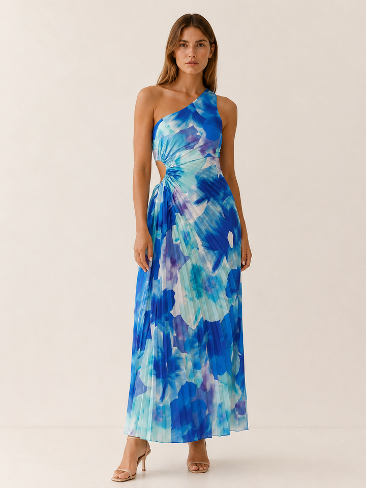 Blue One Shoulder Floral Maxi Dress – front view
