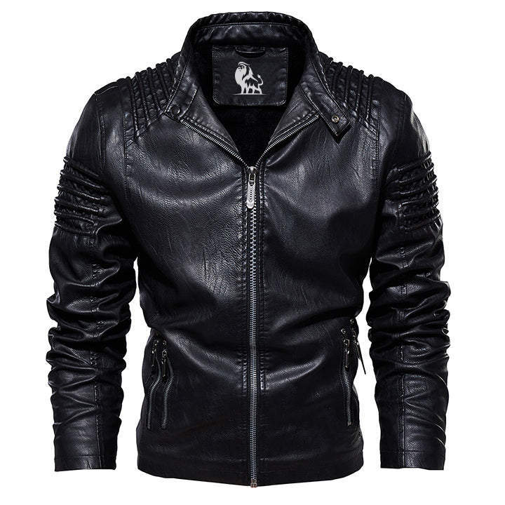 Black Kingdom leather jacket, front view on model