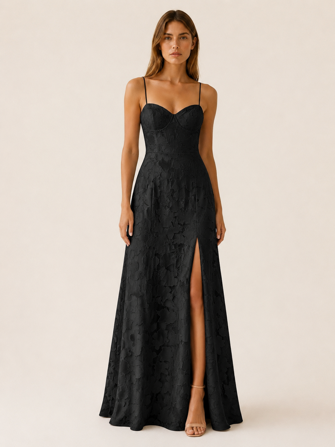 Black Floral Lace Maxi Dress with Side Slit – front view
