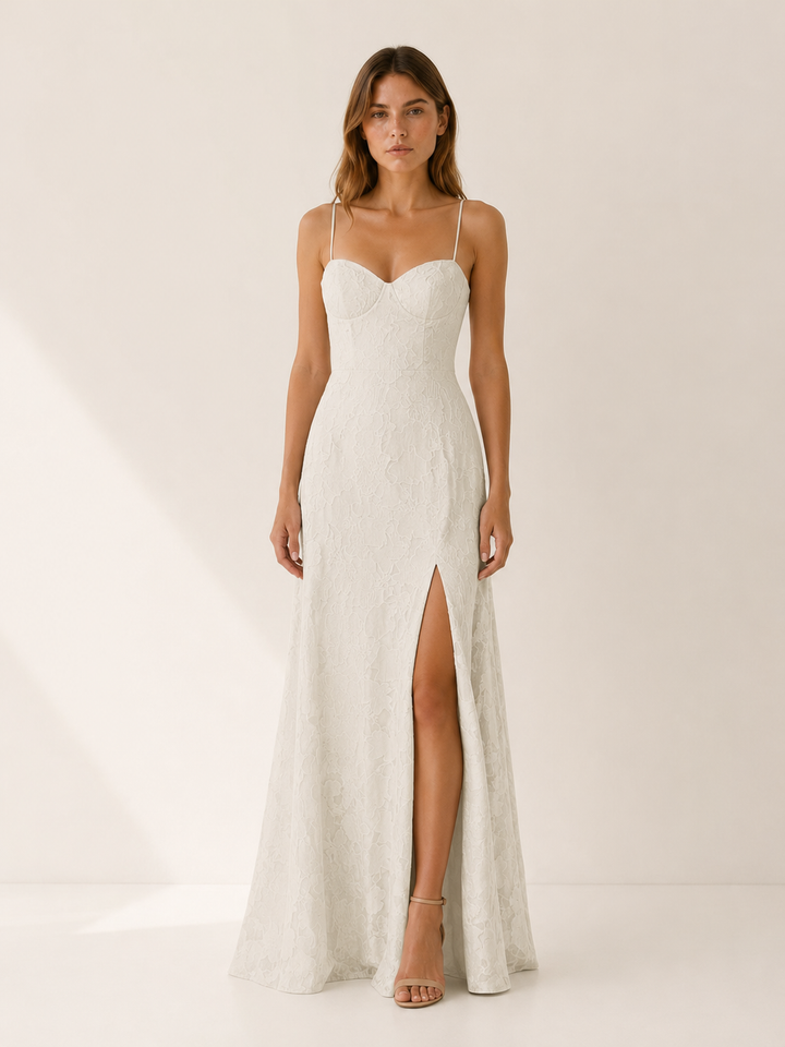 Black Floral Lace Maxi Dress with Side Slit – detail view