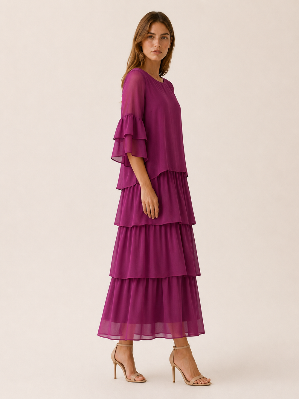 Dark Magenta Tiered Maxi Dress with Round Neck – side view