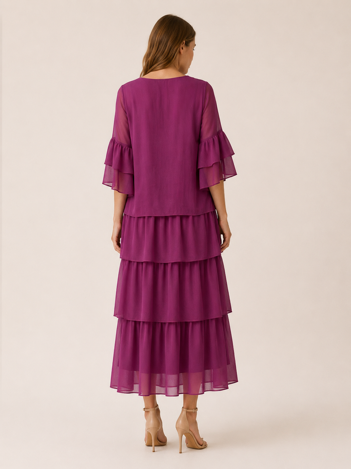 Dark Magenta Tiered Maxi Dress with Round Neck – back view