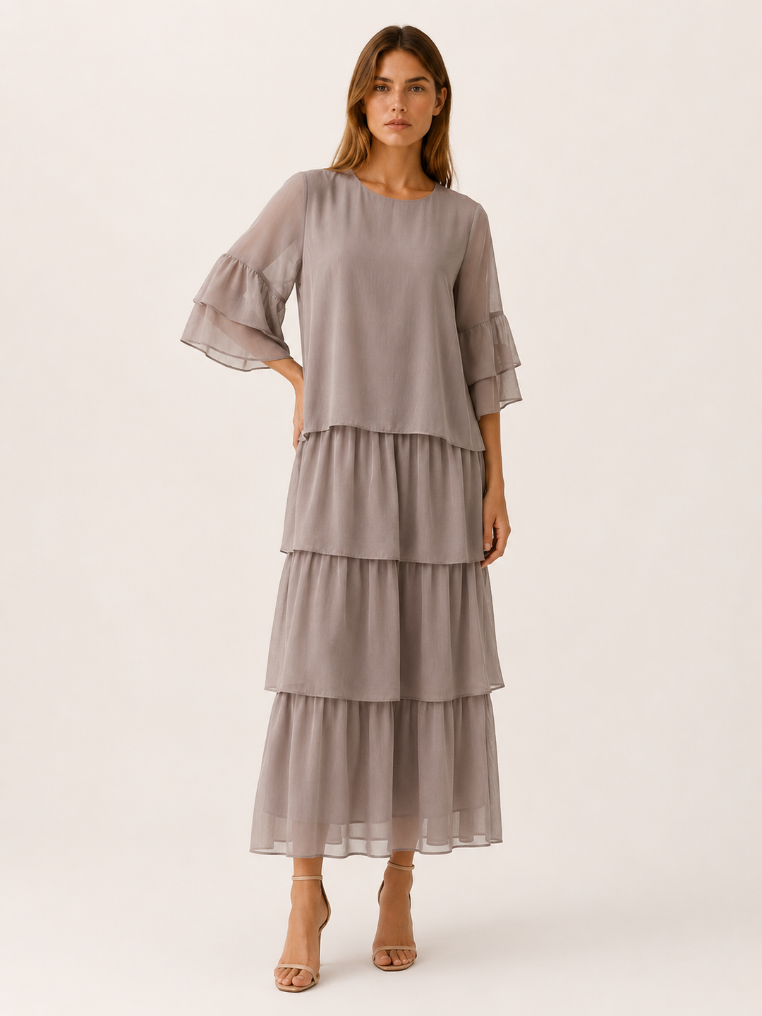 Dark Magenta Tiered Maxi Dress with Round Neck – full length view