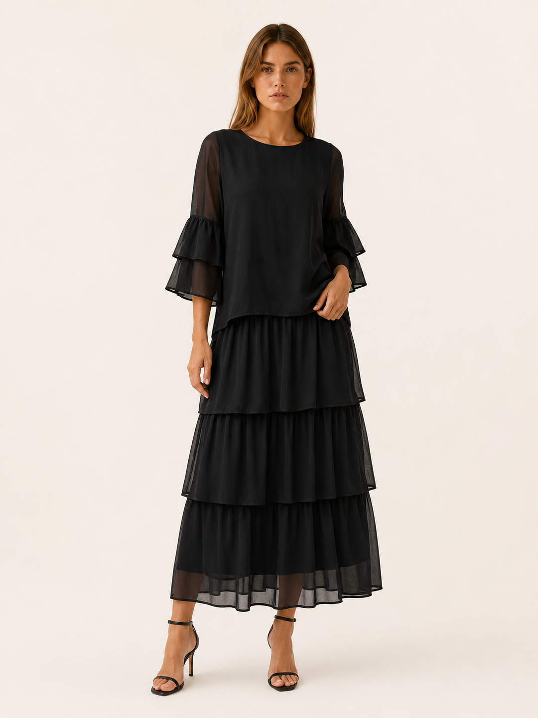 Dark Magenta Tiered Maxi Dress with Round Neck – angled view