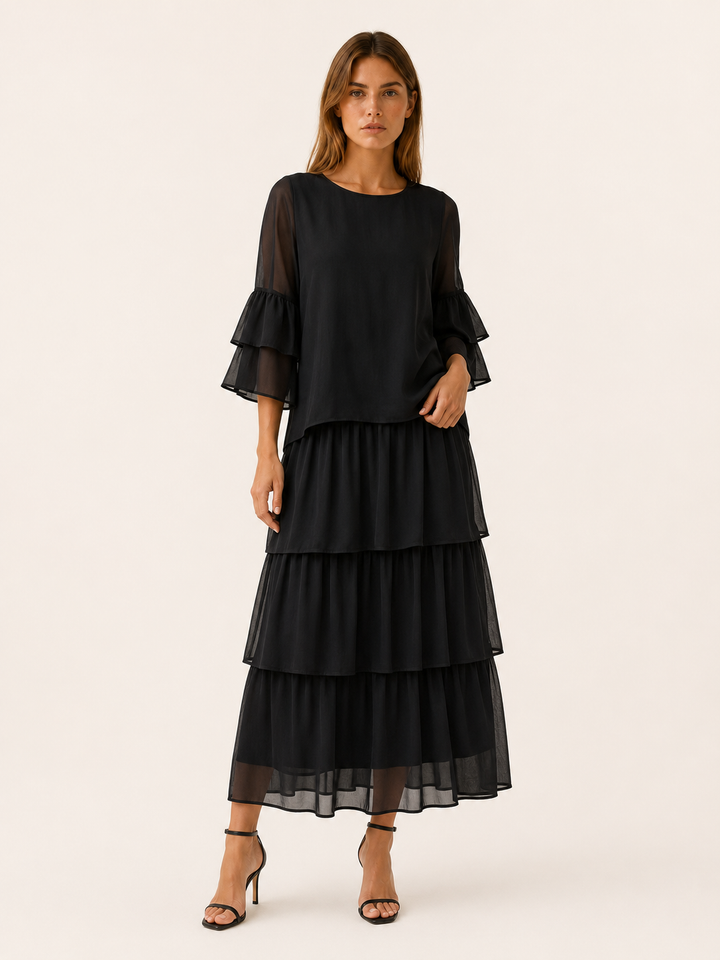 Dark Magenta Tiered Maxi Dress with Round Neck – angled view