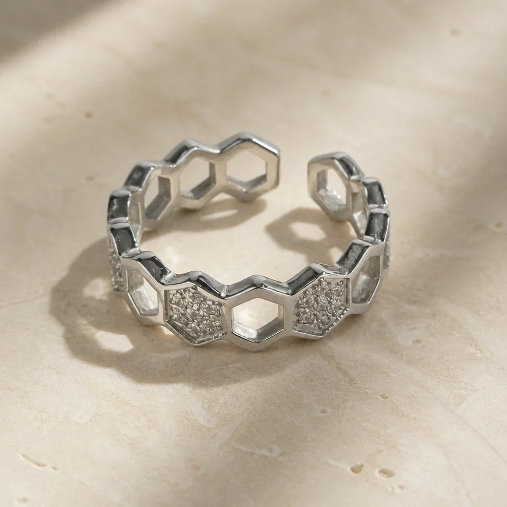 Ring worn on a model's hand