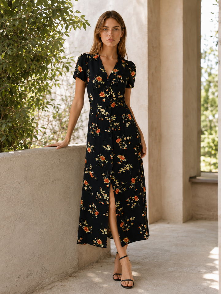 Black Floral Maxi Dress with Button Front – back view