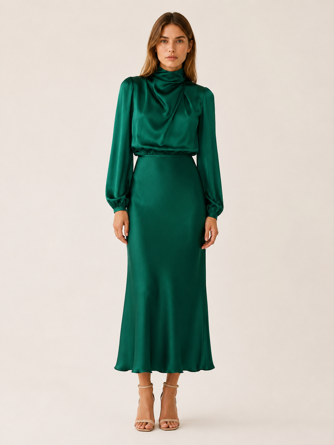 Dark Green Satin Maxi Dress with High Neck and Draped Front – front view