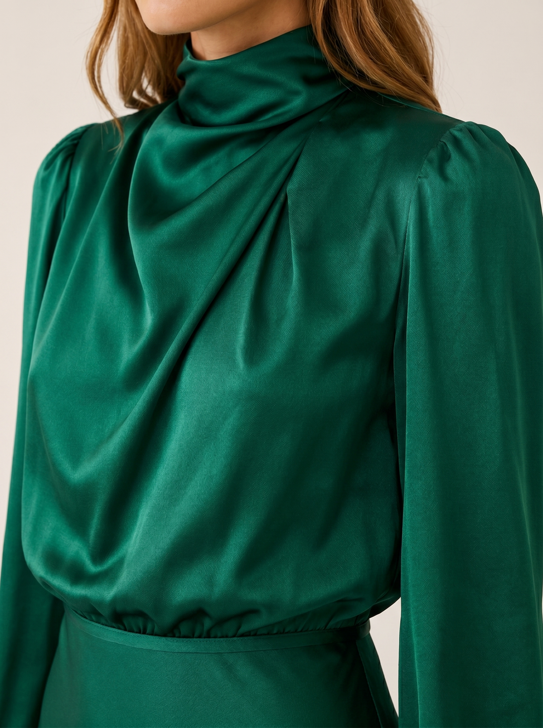 Dark Green Satin Maxi Dress with High Neck and Draped Front – detail view