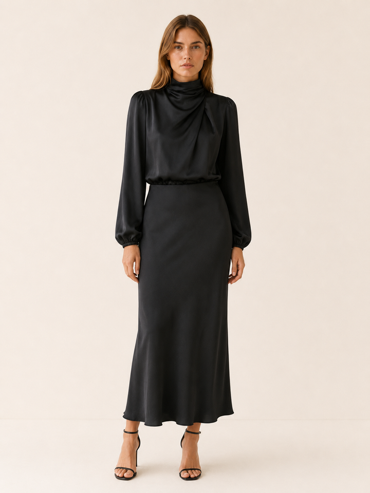 Dark Green Satin Maxi Dress with High Neck and Draped Front – lifestyle
