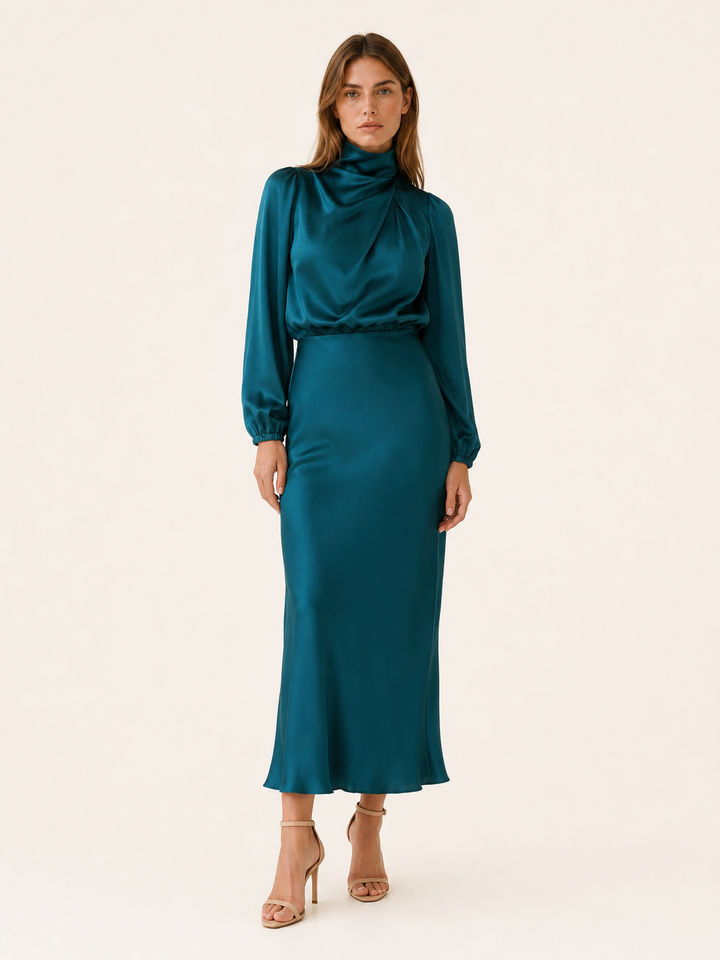 Dark Green Satin Maxi Dress with High Neck and Draped Front – angled view