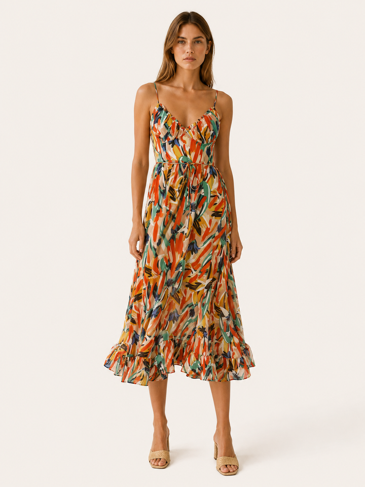 Orange Printed Midi Dress with Ruffle Hem – front view