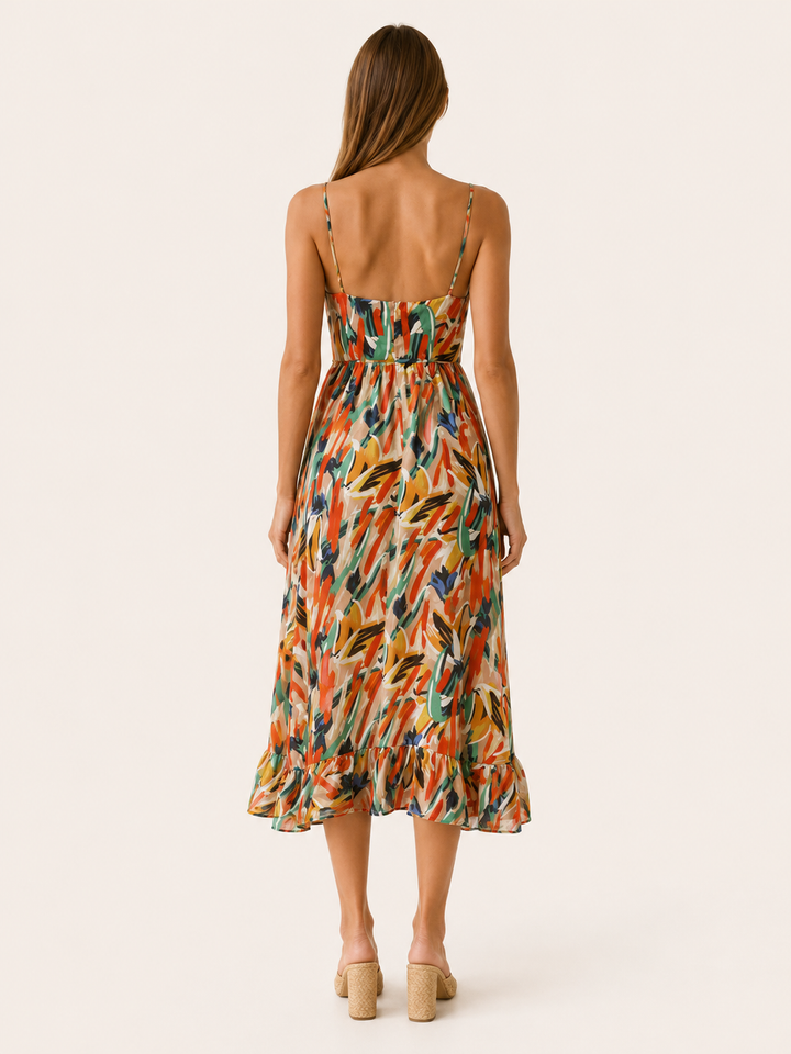 Green Printed Midi Dress with Ruffle Hem – side view