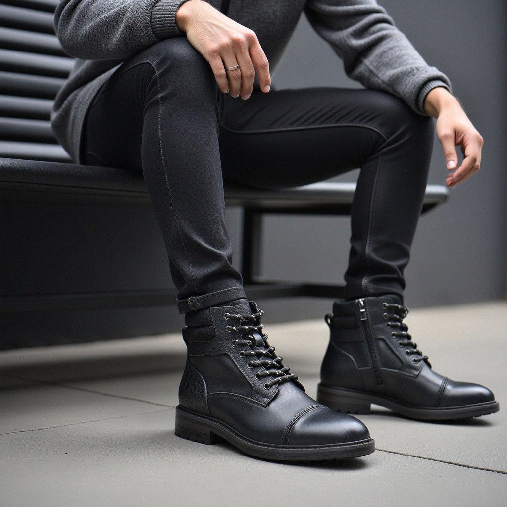 Paladin leather boots in black, styled with trousers