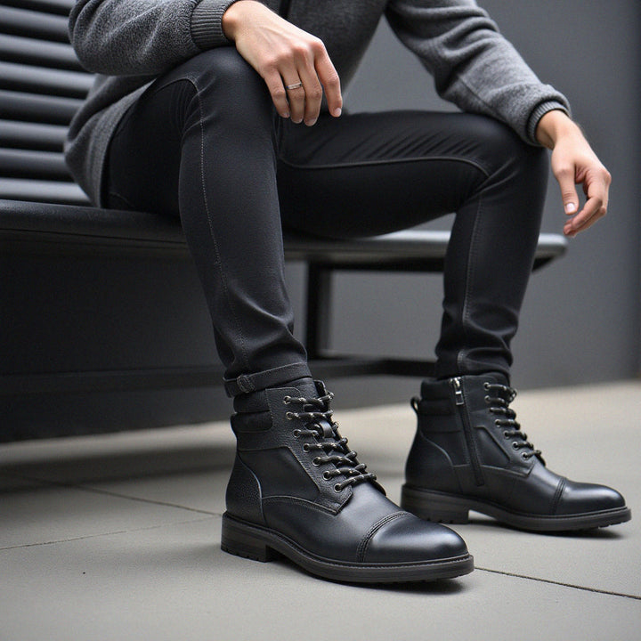 Paladin leather boots in black, styled with trousers