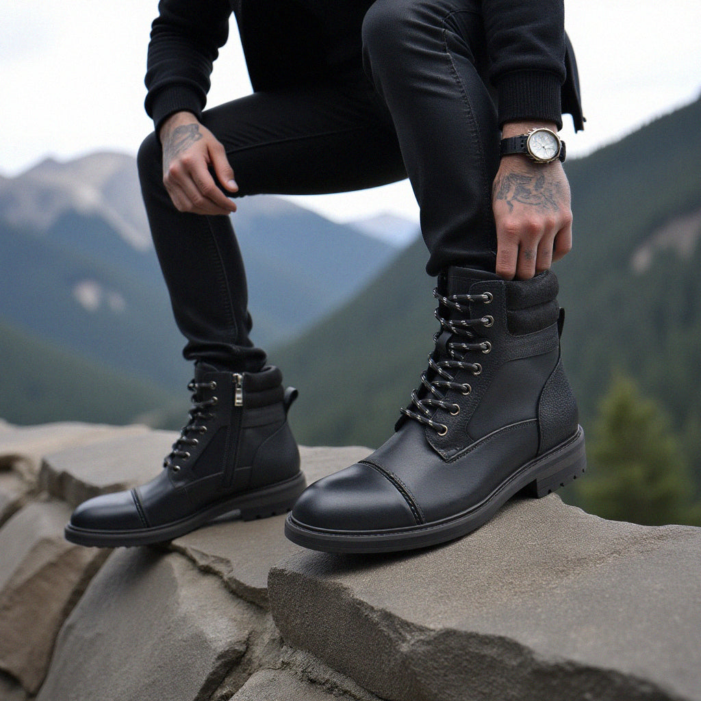 Paladin leather boots in black, styled outdoors