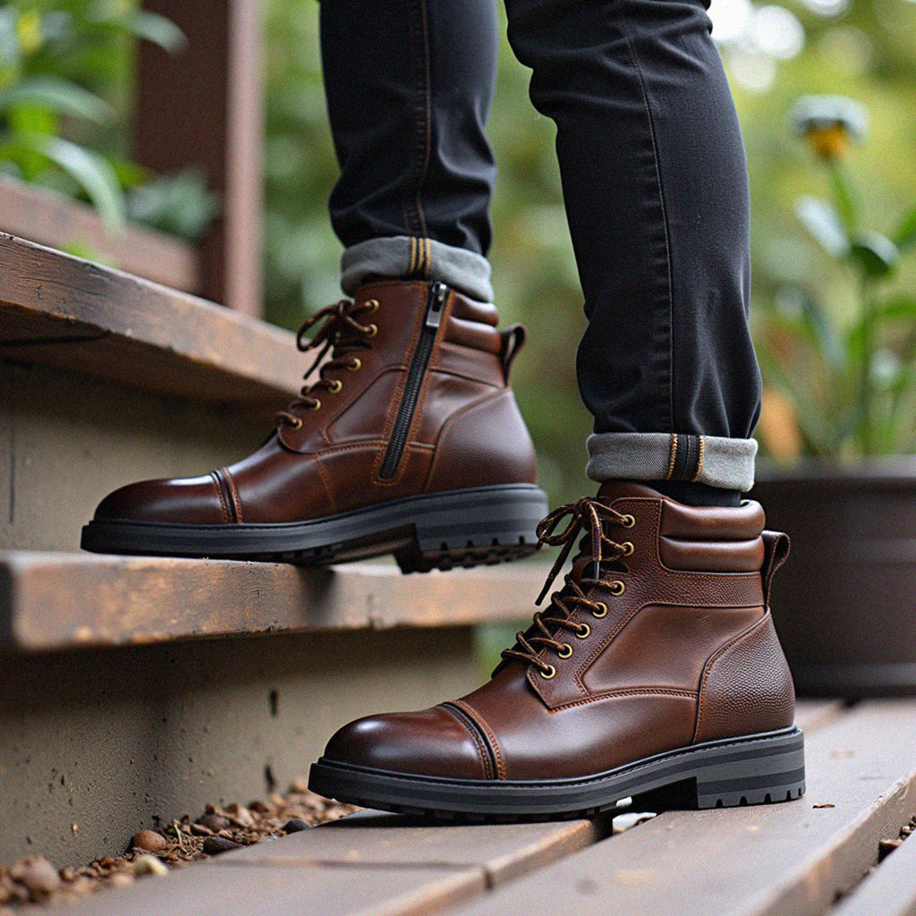 Paladin leather boots in brown, styled with trousers