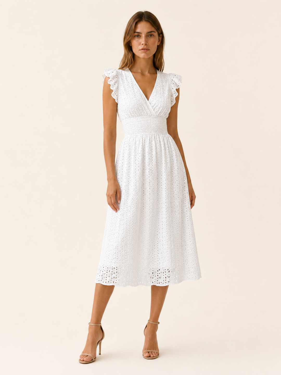 White Eyelet Midi Dress with V Neck and Ruffle Sleeves – front view