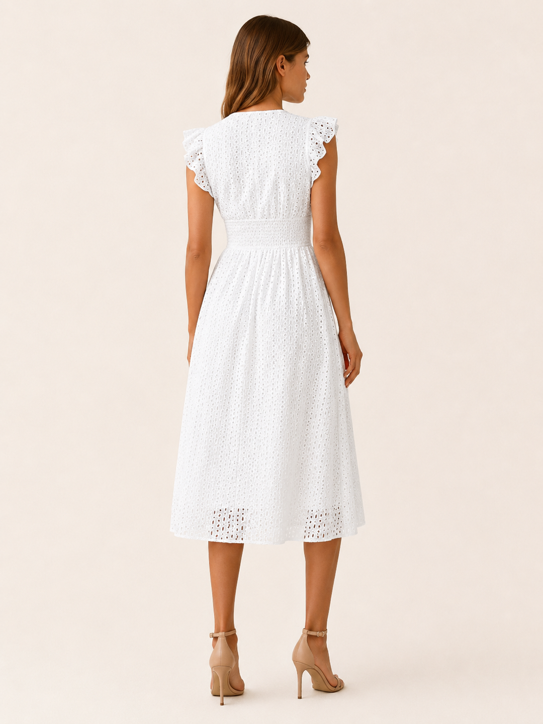 White Eyelet Midi Dress with V Neck and Ruffle Sleeves – back view